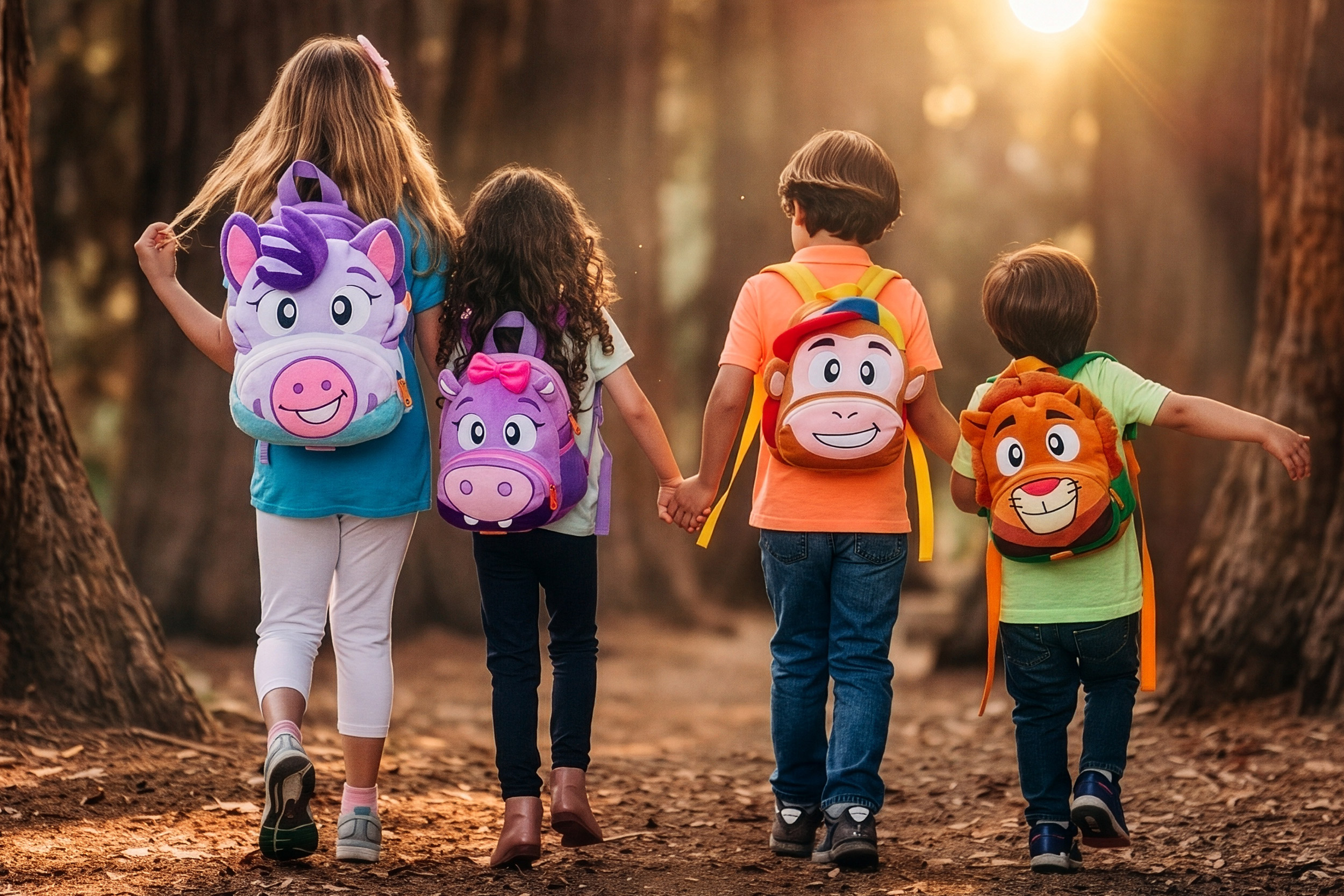 Children walking through a forest wearing Jungle Academy character backpacks